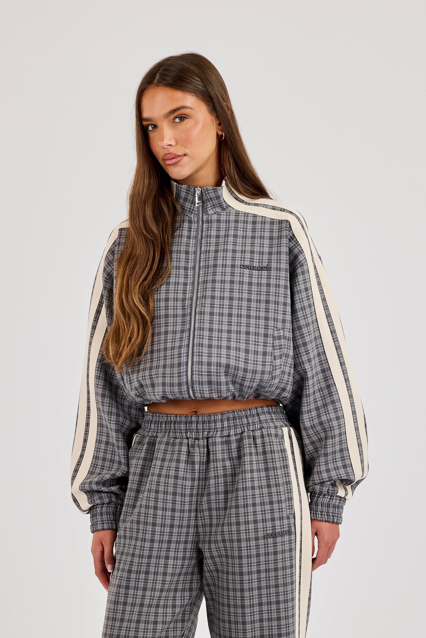 Check Funnel Neck Taping Track Jacket - Grey
